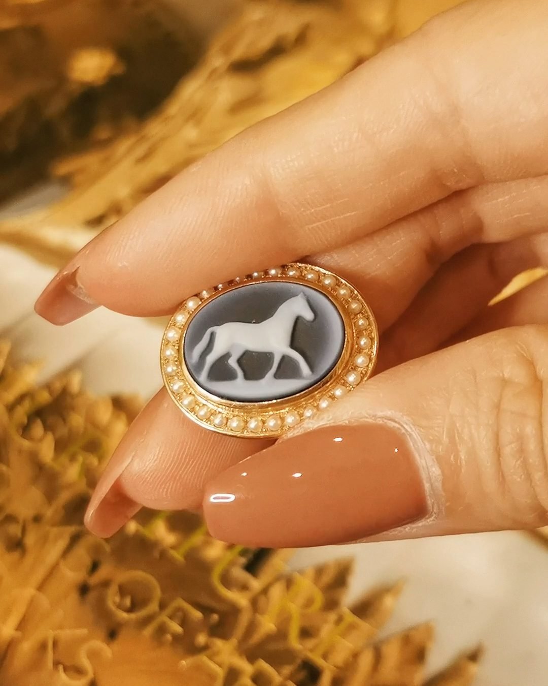 German Agate Cameo Pendant - Hand Carved White Horse (18k Gold & Seed Pearls)