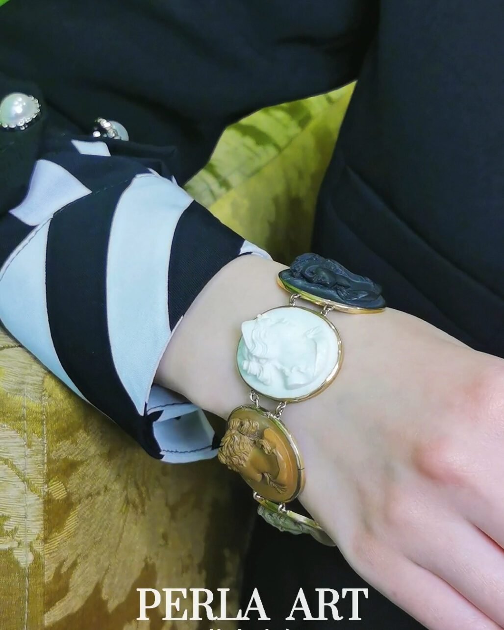 Antique Italian Lava Cameo Bracelet - 1860s Grand Tour (Rare Volcanic Rock & Agate)