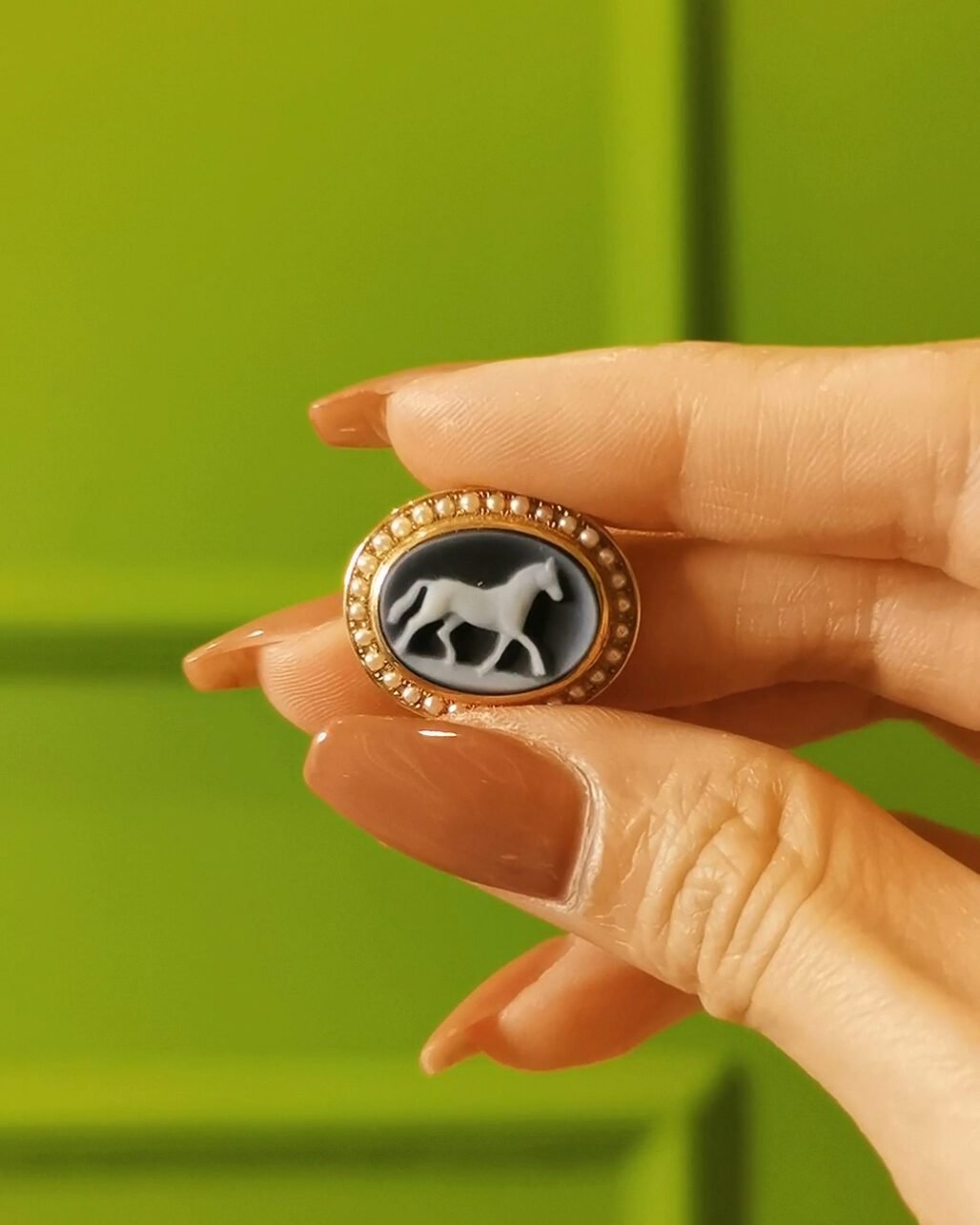 German Agate Cameo Pendant Hand Carved White Horse