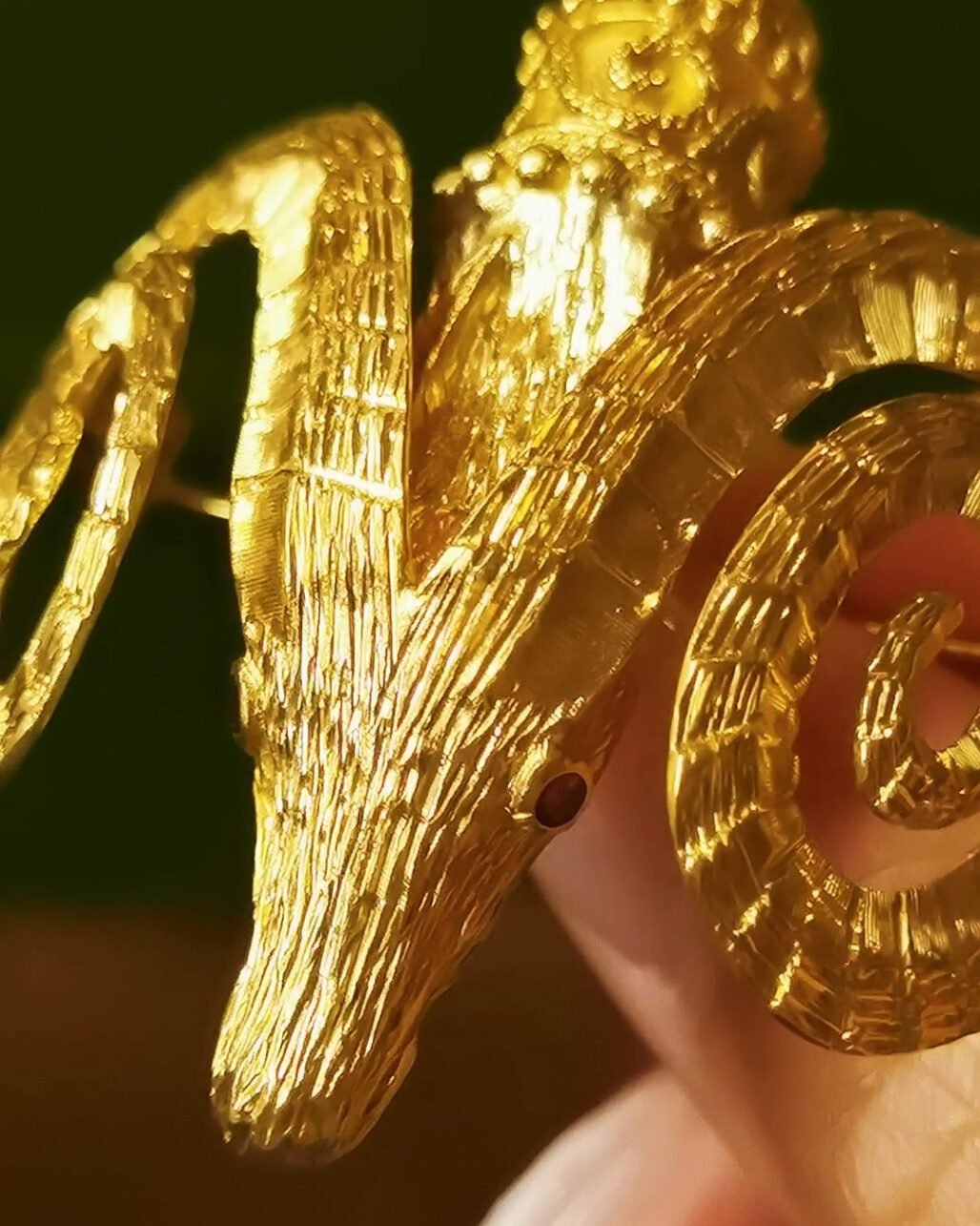 1950s Ilias Lalaounis Ram's Head Brooch - 18k Gold Greek Revival (Signed)