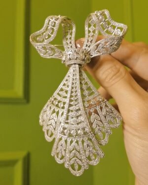 s925-silver-platinum-plated Edwardian Lace Ribbon Tassel Brooch Swarovski Crystal