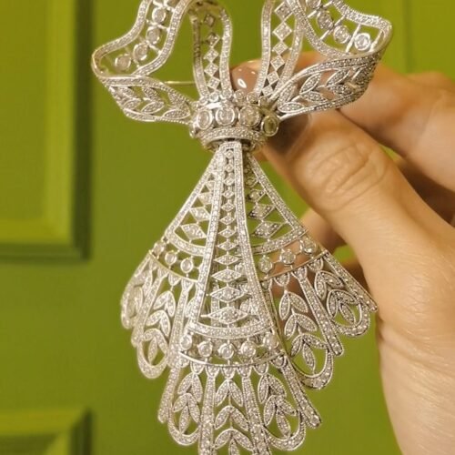 Edwardian Lace Ribbon Tassel Brooch Swarovski Crystal