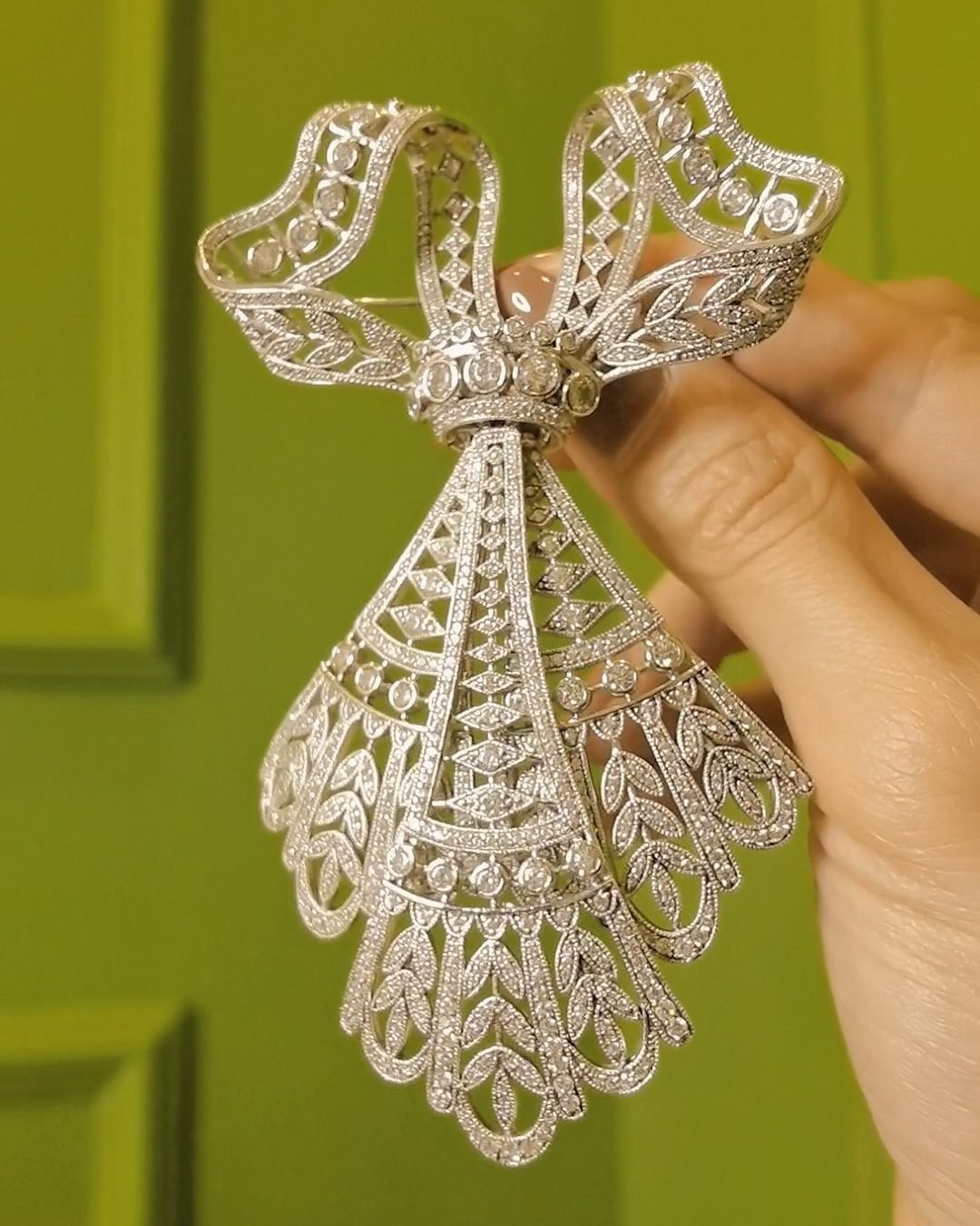Edwardian Lace Ribbon Tassel Brooch Swarovski Crystal