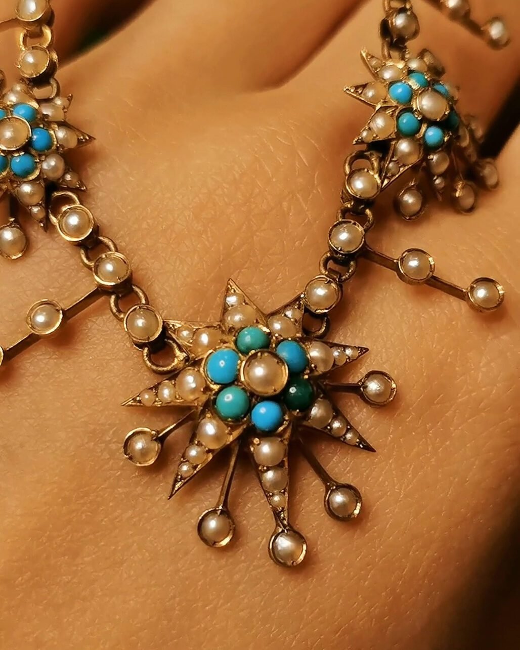 Victorian Star Pendant Necklace - 88 Wild Pearls & Turquoise (Star of David)