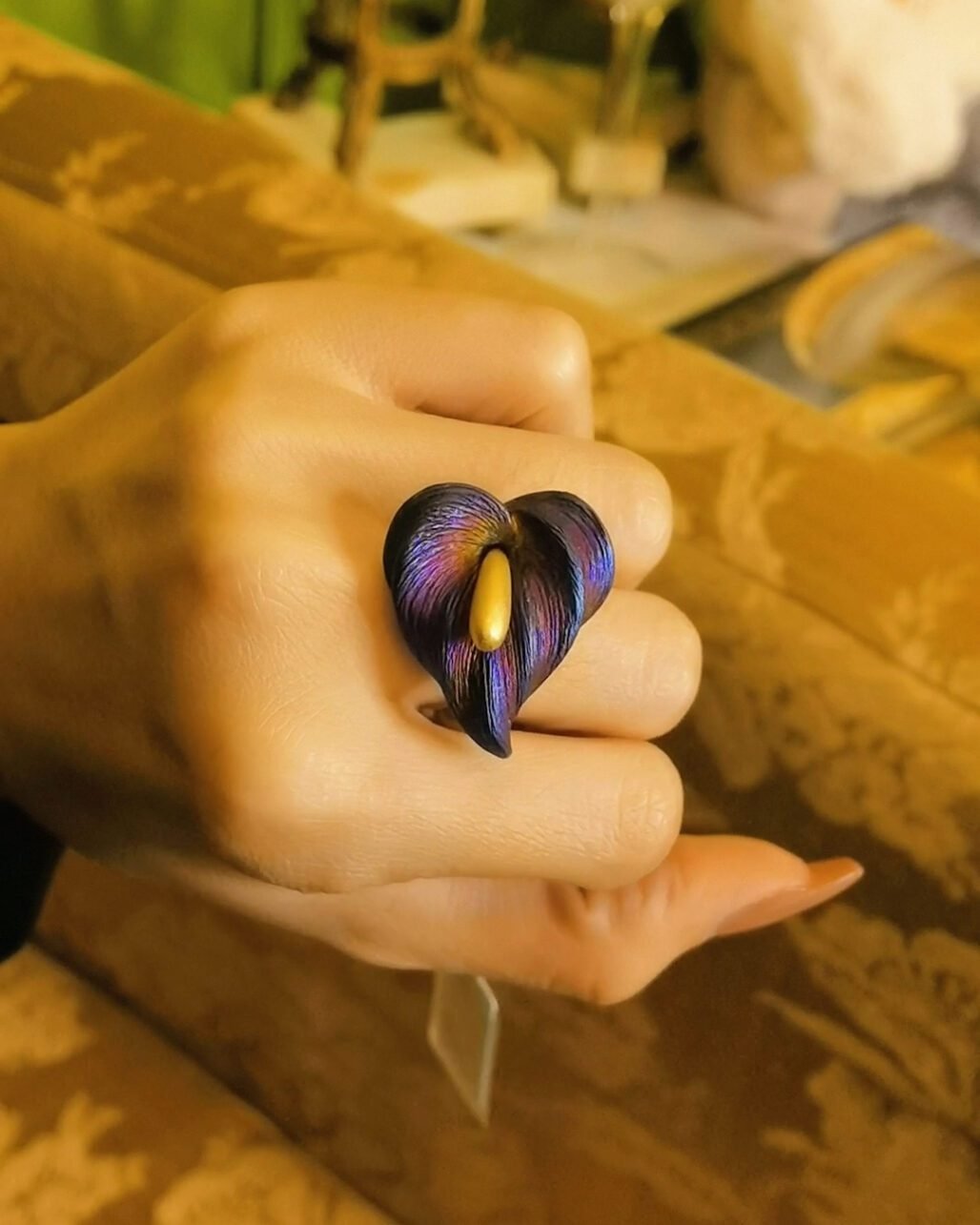Indigo Gold Phoenix Feather Ring - Color Changing German Craft (Blue to Purple)