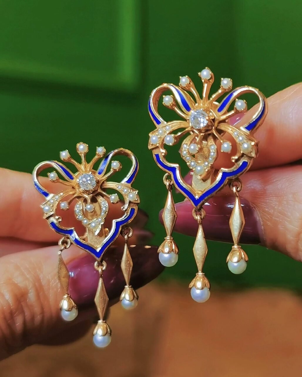 Victorian 1880s Blue Enamel Jewelry Set - 15k Gold & Wild Pearls (Ring & Earrings)