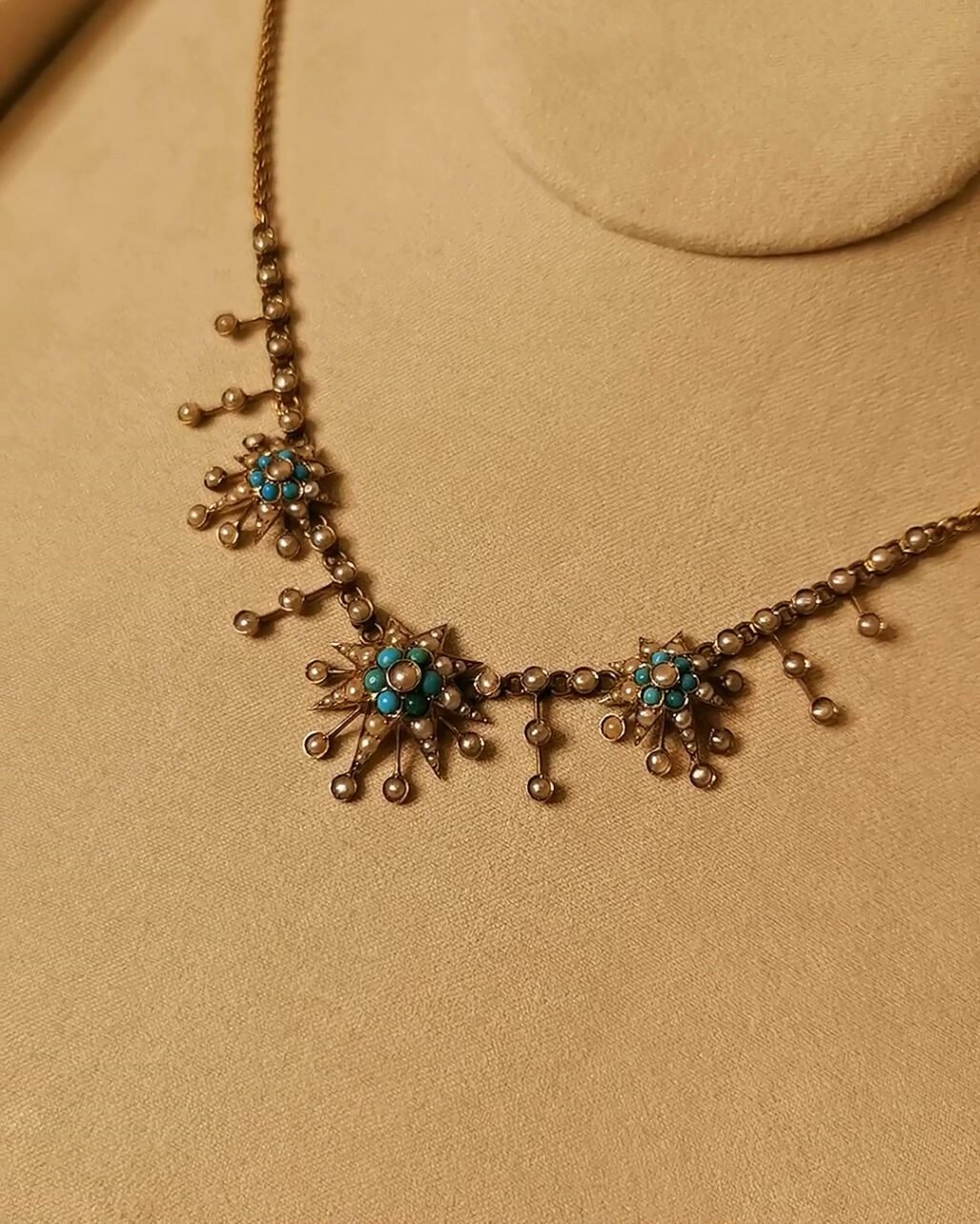 Victorian Star Pendant Necklace - 88 Wild Pearls & Turquoise (Star of David)