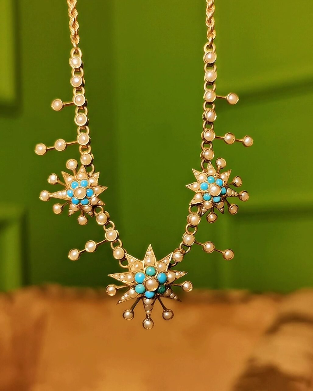 Victorian Star Pendant Necklace - 88 Wild Pearls & Turquoise (Star of David)
