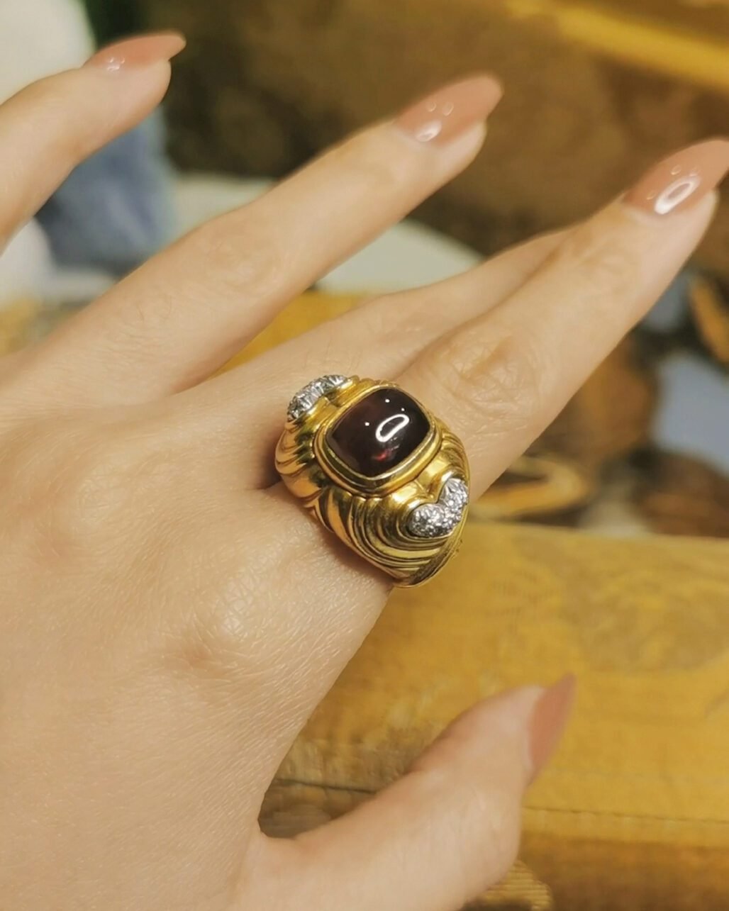 Victorian Rubellite Diamond Ring - 18k Gold Antique 1850s (Cabochon)