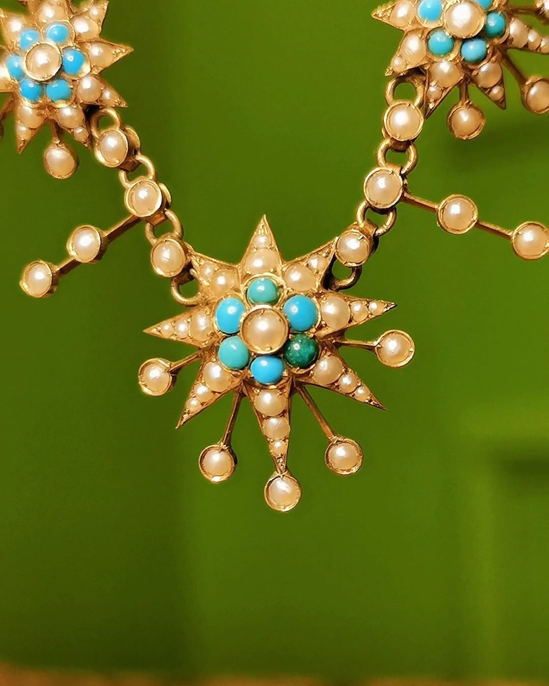 Victorian Star Pendant Necklace - 88 Wild Pearls & Turquoise (Star of David)