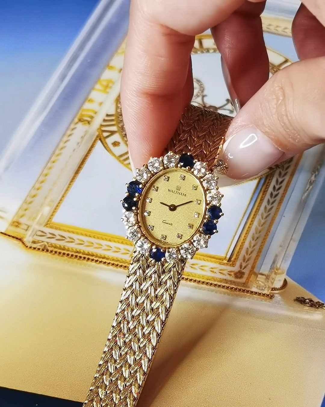 Vintage Waltham 18k Gold Watch - Wheat Bracelet & Gemstones (American Heritage)