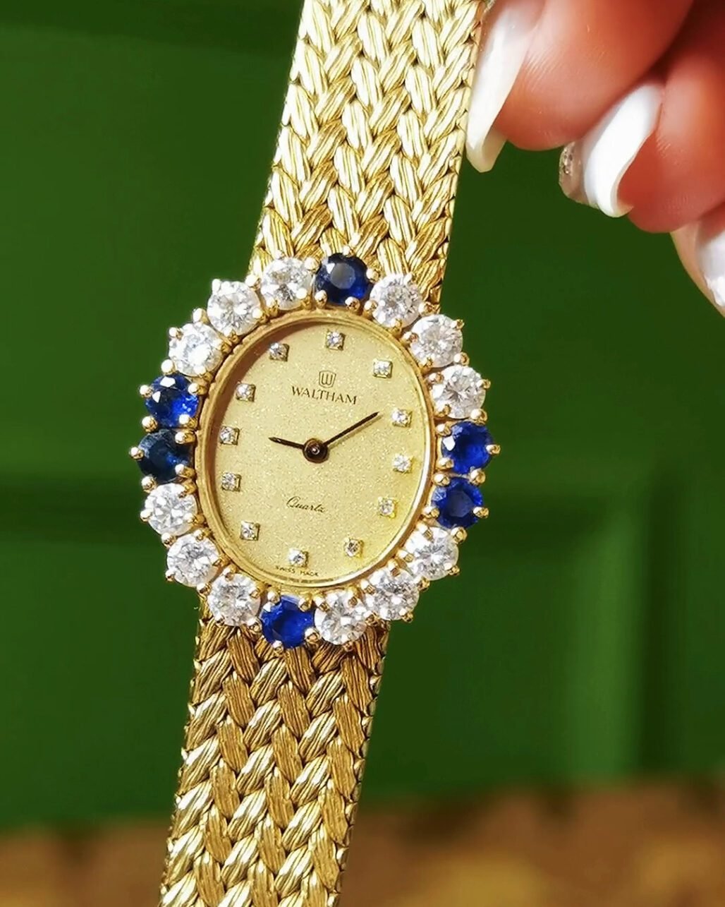 Vintage Waltham 18k Gold Watch - Wheat Bracelet & Gemstones (American Heritage)