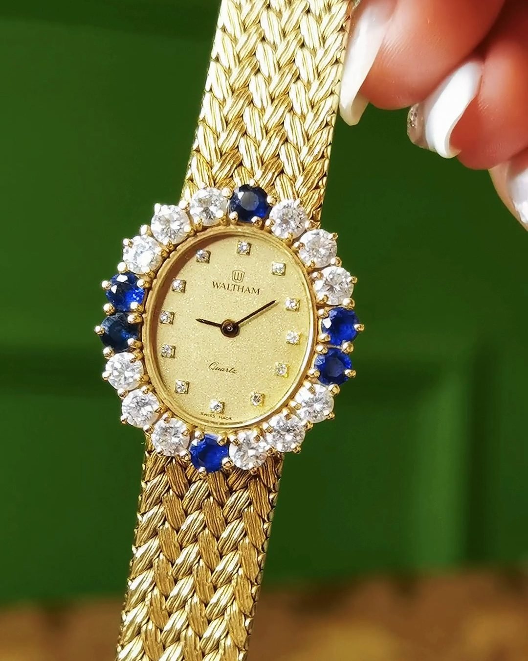 Vintage Waltham 18k Gold Watch - Wheat Bracelet & Gemstones (American Heritage)