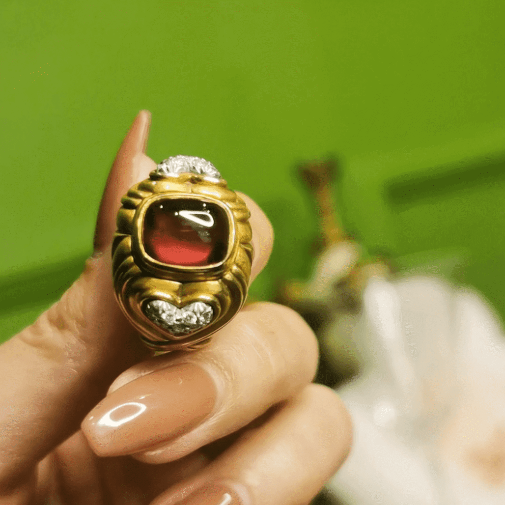 18K Gold Diamond Rubellite Vintage Ring