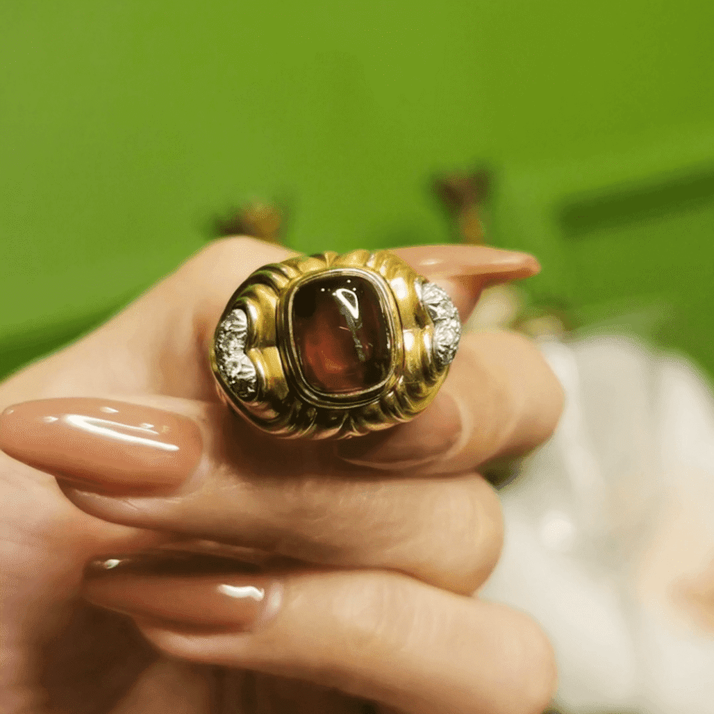 18K Gold Diamond Rubellite Vintage Ring