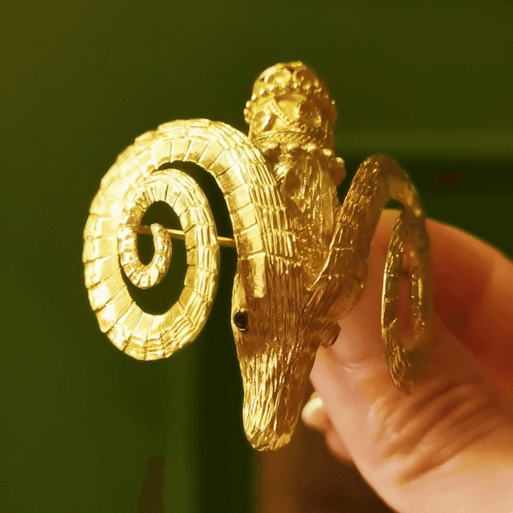 1950s Ilias Lalaounis 18K Gold Ram’s Head Brooch/Pendant – Greek Mythology Antique Jewelry