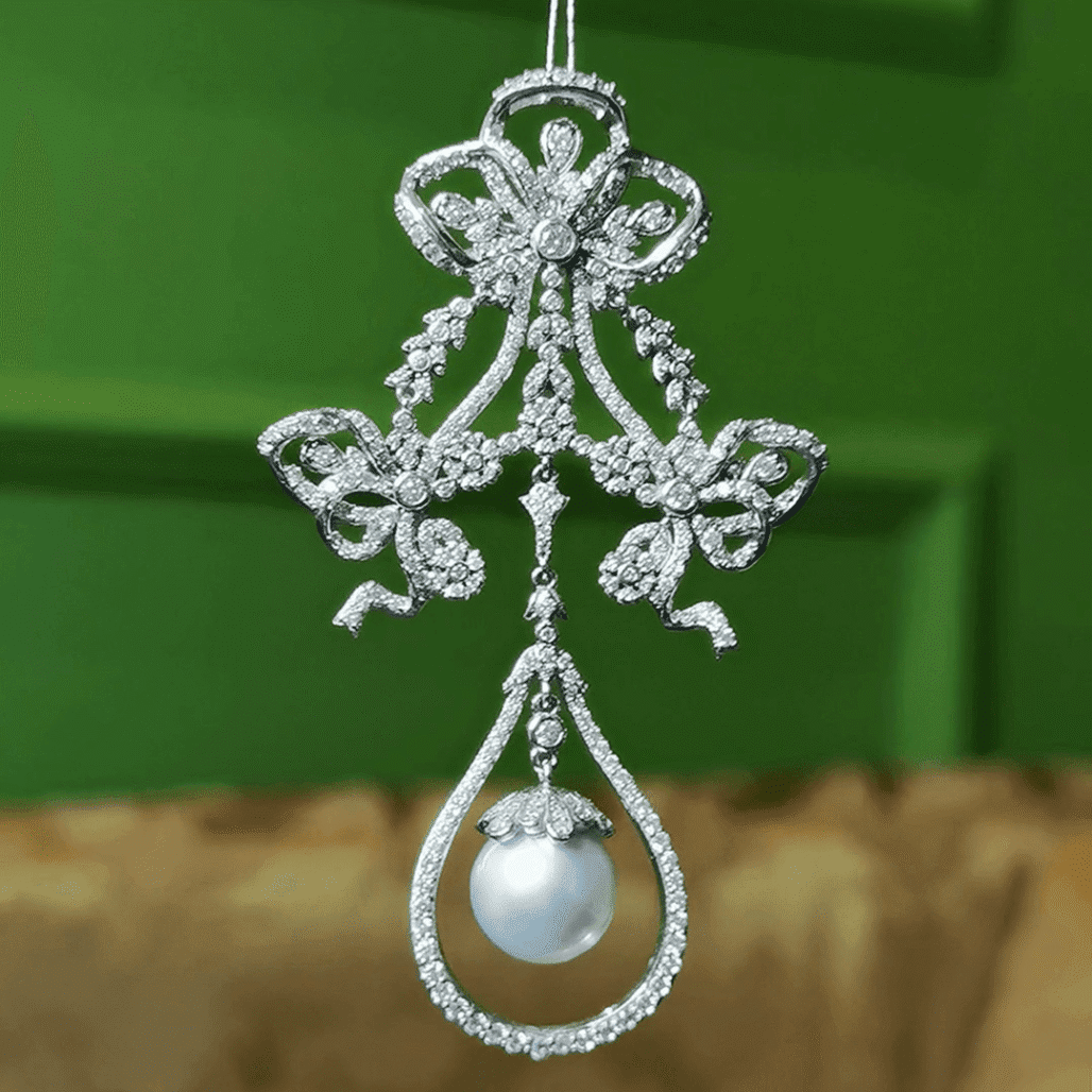 Edwardian Revival South Sea Pearl Pendant | PERLA ART 925 Silver with 18K White Gold & 300 Diamonds