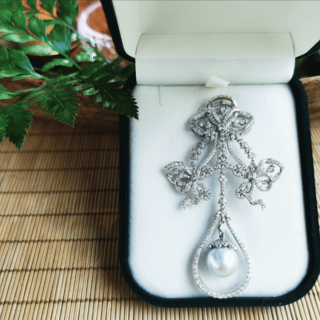 Edwardian Revival South Sea Pearl Pendant | PERLA ART 925 Silver with 18K White Gold & 300 Diamonds