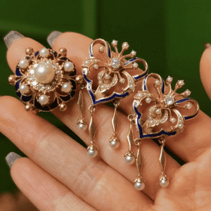 Victorian 1880s Blue Enamel Pearl and Diamond Jewelry Set | 15K Gold Antique Ring & Earrings from England