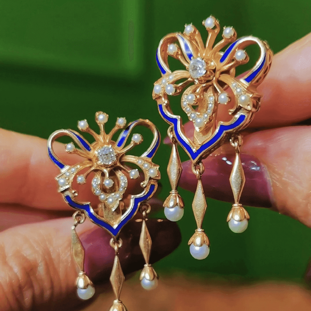 Victorian 1880s Blue Enamel Pearl and Diamond Jewelry Set | 15K Gold Antique Ring & Earrings from England