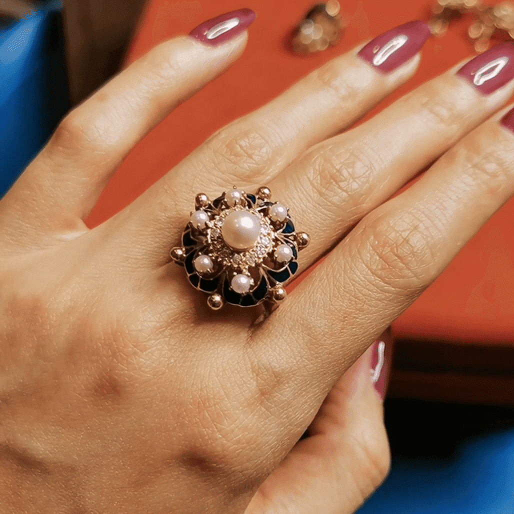 Victorian 1880s Blue Enamel Pearl and Diamond Jewelry Set | 15K Gold Antique Ring & Earrings from England