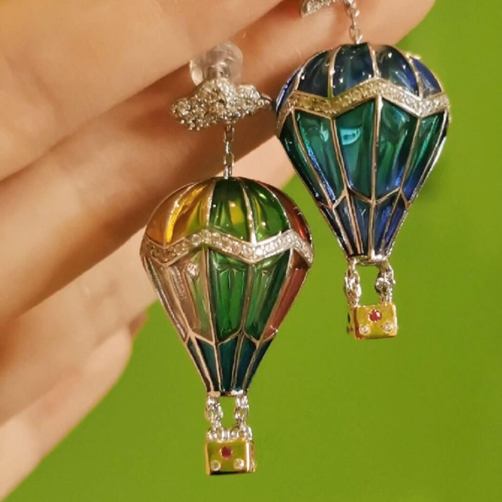 Hot Air Balloon Enamel Earrings & Necklace – Unique Two-Tone Gradient Jewelry with Translucent Enamel