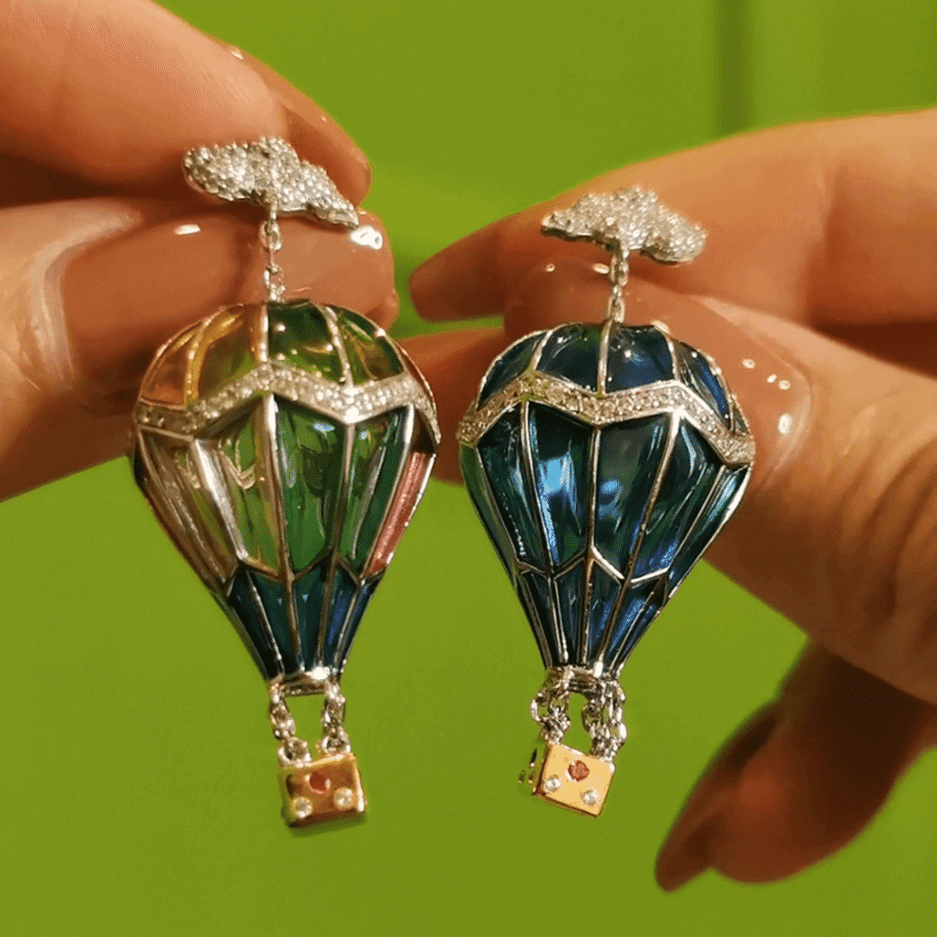 Hot Air Balloon Enamel Earrings & Necklace – Unique Two-Tone Gradient Jewelry with Translucent Enamel