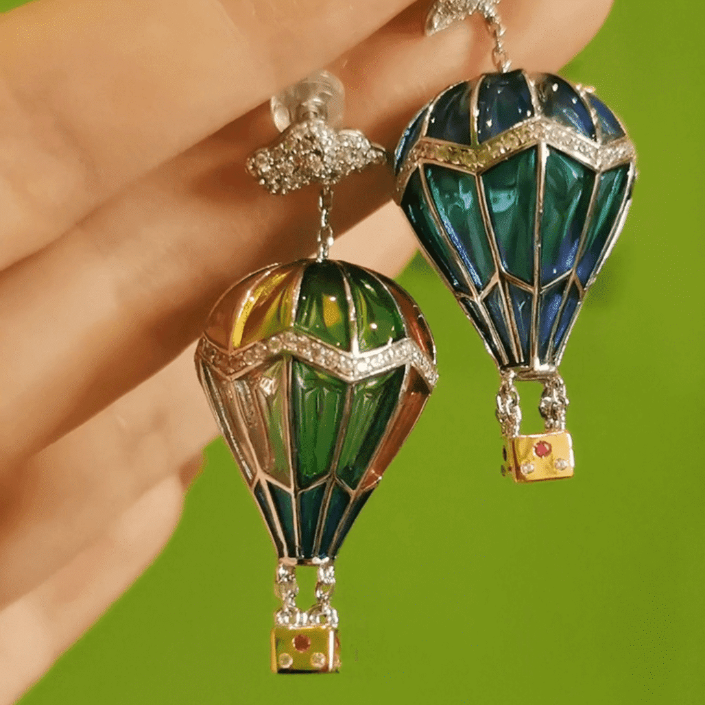 Hot Air Balloon Enamel Earrings & Necklace – Unique Two-Tone Gradient Jewelry with Translucent Enamel