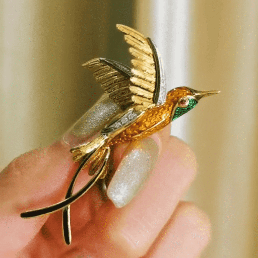 1910 Antique Hummingbird Brooch | Dual Gold, Diamonds, Rubies & Hand-Painted Enamel