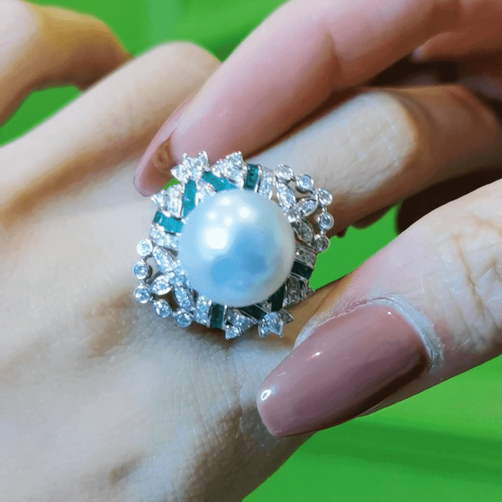 Art Deco Mystery Set Emerald & Pearl Jewelry | 18K Gold Diamond Pendant-Ring