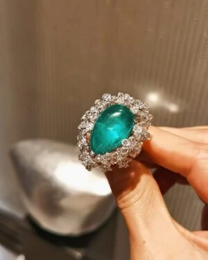 17ct Cabochon Colombian Emerald Ring - Floral Diamond Halo (GRS Certified)