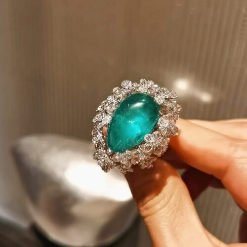 17ct Cabochon Colombian Emerald Ring - Floral Diamond Halo (GRS Certified)