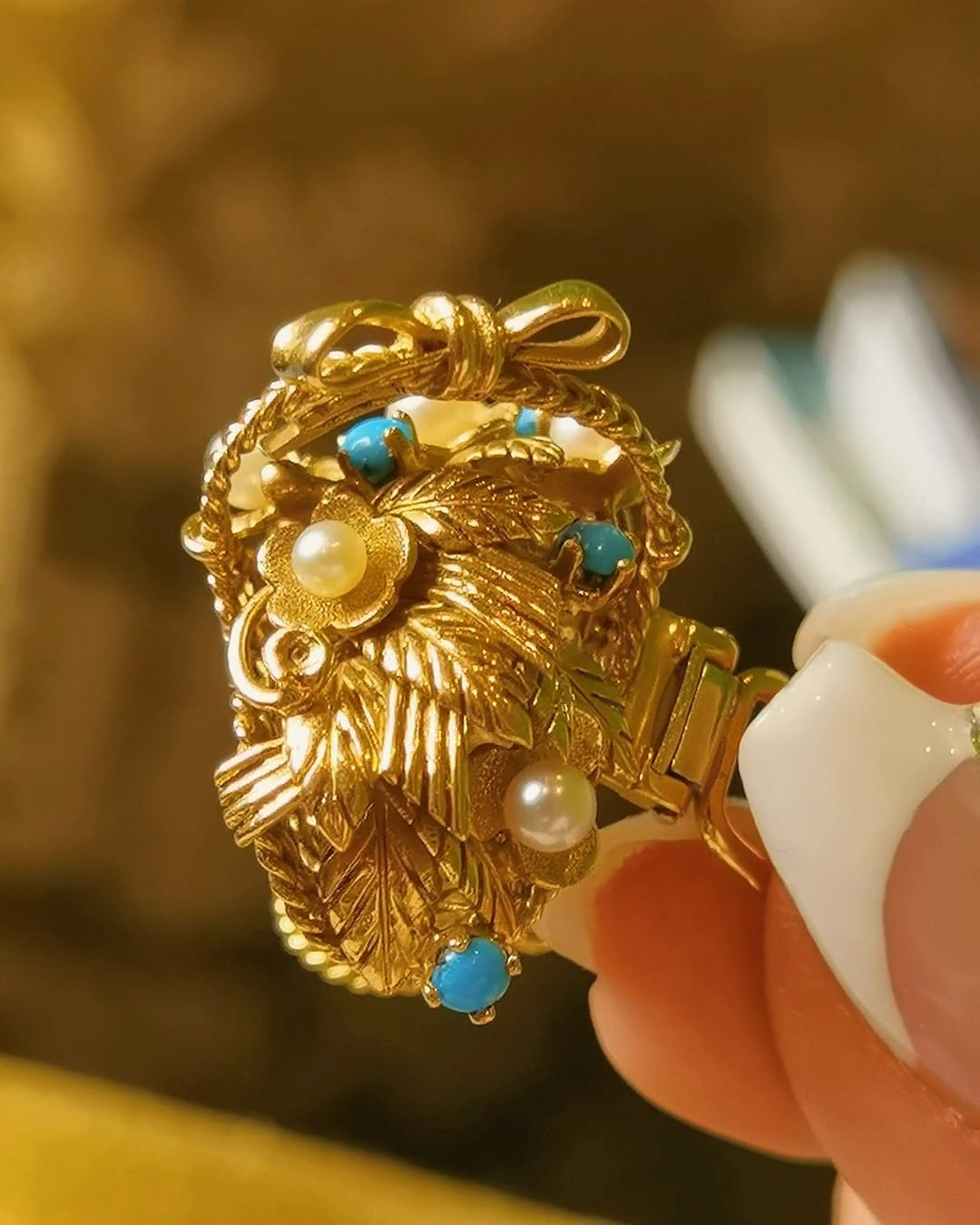 Victorian "Giardinetto" Flower Basket Brooch - 1860s 18k Gold (Ruby & Turquoise)