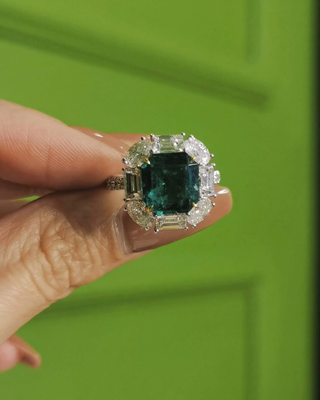 Vivid Green Zambian Emerald Ring - 3.57ct Glass Body (2.5ct Diamond Halo)