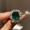 6ct Zambian Emerald Ring - Vivid Green Emerald Cut (Blooming Diamond Halo)