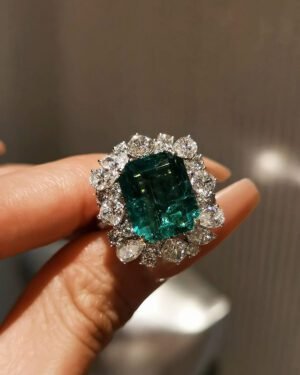 6ct Zambian Emerald Ring - Vivid Green Emerald Cut (Blooming Diamond Halo)