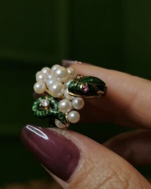 Vintage Green Enamel Serpent Ring 18k Gold Akoya Pearl