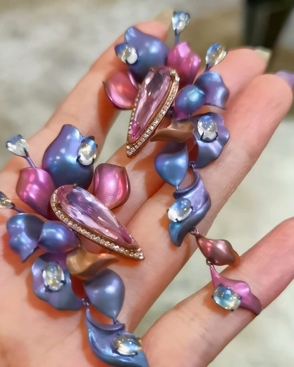 Titanium Morganite Earrings - Art Nouveau Morandi Gradient Bloom