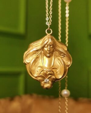 Art Nouveau Mucha Goddess Locket Necklace - 1940s Vintage Style (Pearl Station Chain)