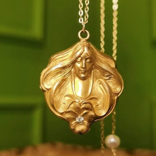 Art Nouveau Mucha Goddess Locket Necklace - 1940s Vintage Style (Pearl Station Chain)
