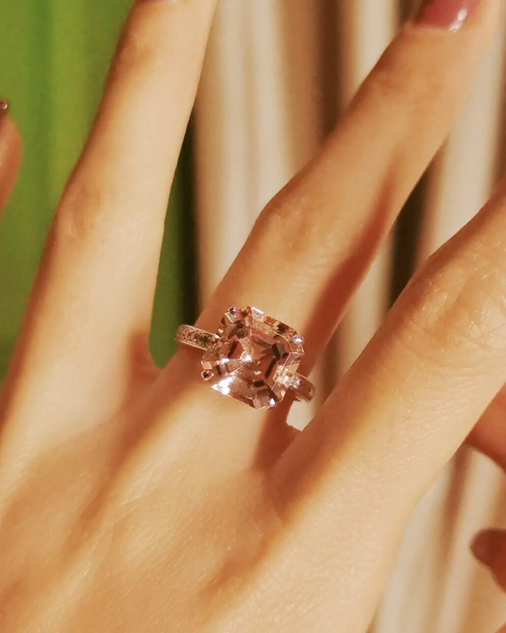 Asscher Cut Pink Morganite Ring 18k Gold Sugar Cube
