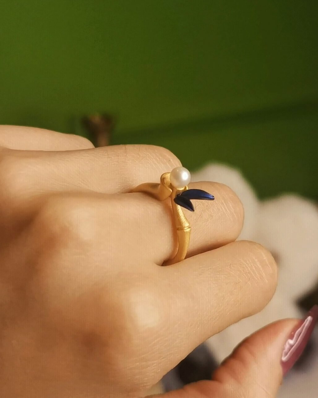 Indigo Gold Bamboo Ring - German Craftsmanship & Pearl (Symbol of Resilience)