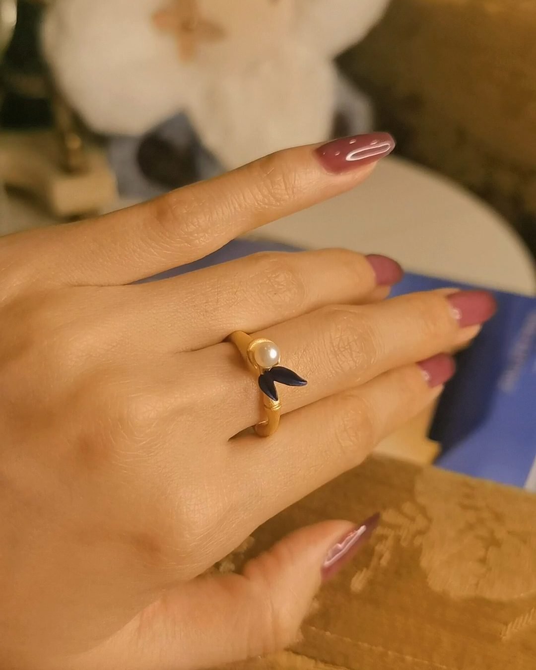 Indigo Gold Bamboo Ring - German Craftsmanship & Pearl (Symbol of Resilience)