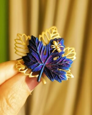 blue-purple-leaf Indigo Gold Maple Leaf Brooch with Golden Ant Color Changing