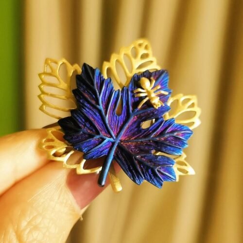Indigo Gold Maple Leaf Brooch with Golden Ant Color Changing