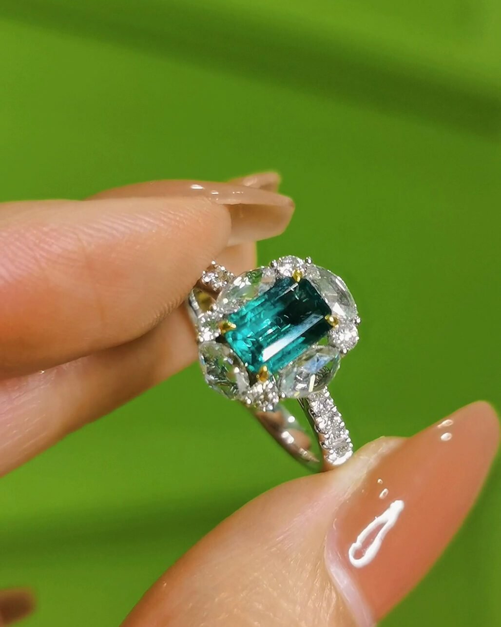 Zambian Emerald Ring - 1ct+ Vivid Green "Glass Body" (Rose Cut Diamond Halo)