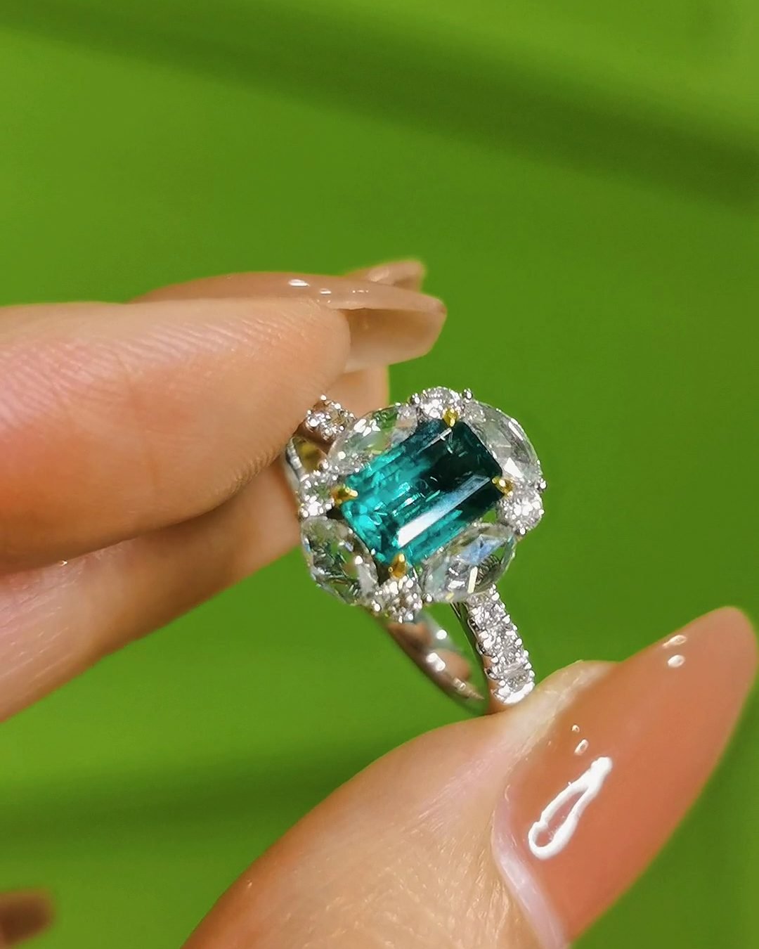 Zambian Emerald Ring - 1ct+ Vivid Green "Glass Body" (Rose Cut Diamond Halo)