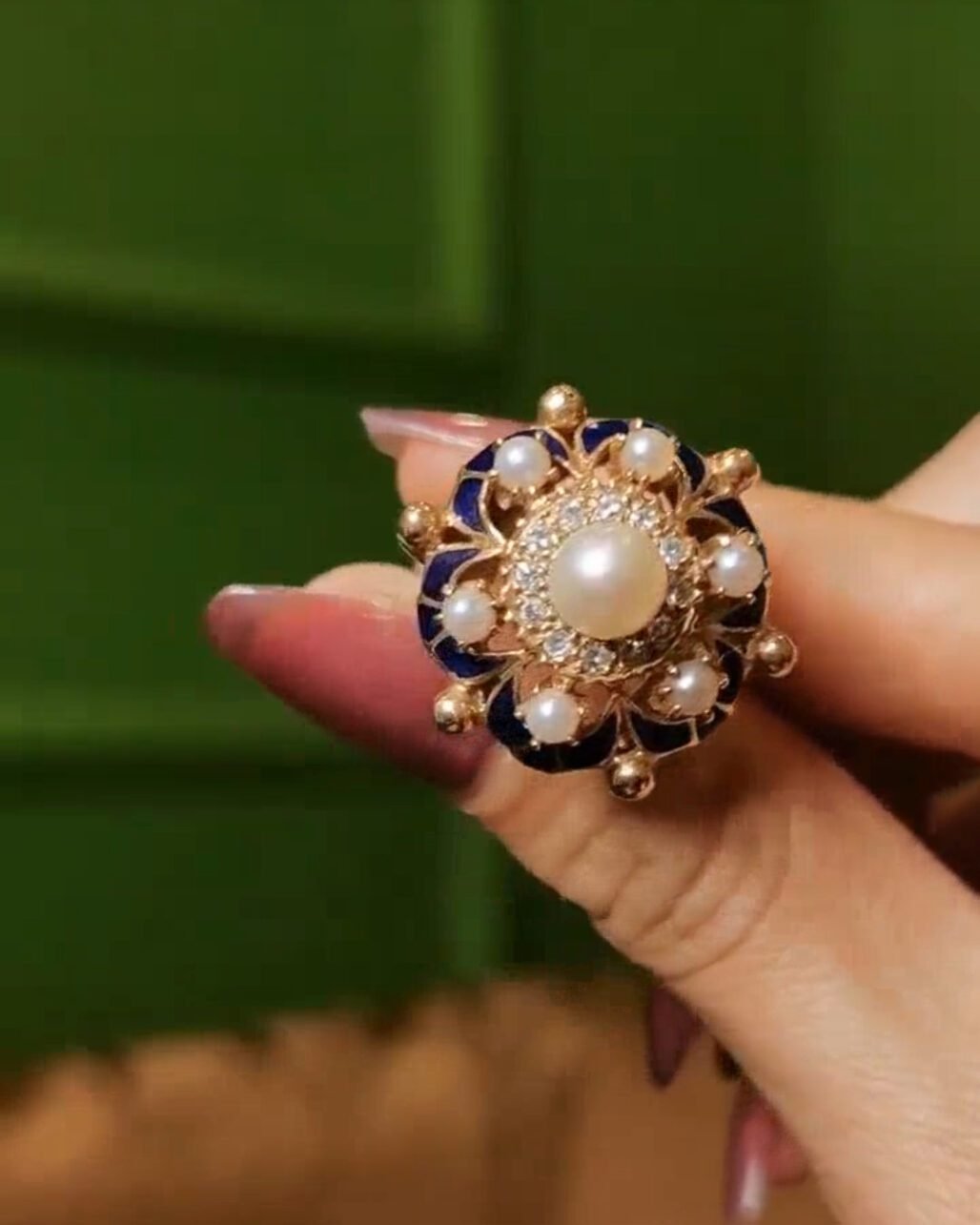 Victorian Blue Enamel & Wild Pearl Ring - 1880s 15k Gold Antique (Diamond Accents)