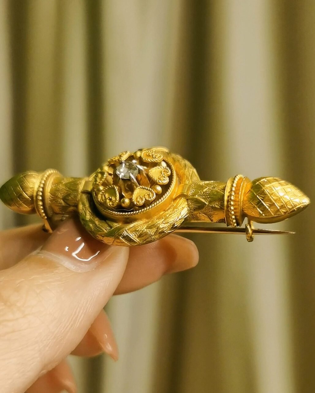 Victorian Etruscan Revival Diamond Brooch - 15k Gold Granulation (Scepter Design)