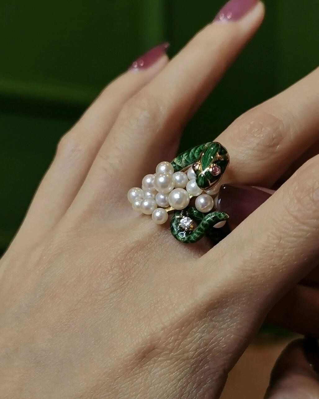 Vintage Green Enamel Serpent Ring - 18k Gold & Akoya Pearls (c. 1940s)